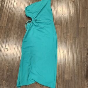 One-Shoulder Teal Side-Cut Midi Dress with Tie Detail